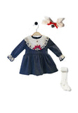 Baby winter dress with pleats and lace insert, tights & headband